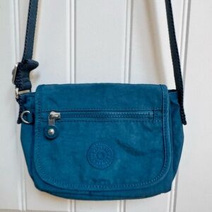Kipling Sabian Mini Crossbody Bag in Teal Blue Crinkled Nylon. 8” by 6” by 3”